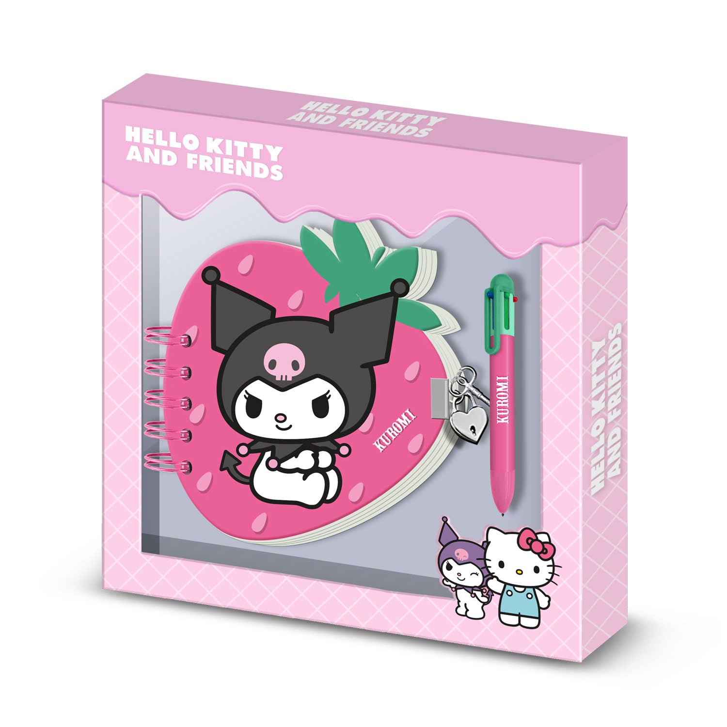 Hello Kitty Kuromi Strawberry-Pack of Strawberry Diary + 6-Coloured Pen, Pink