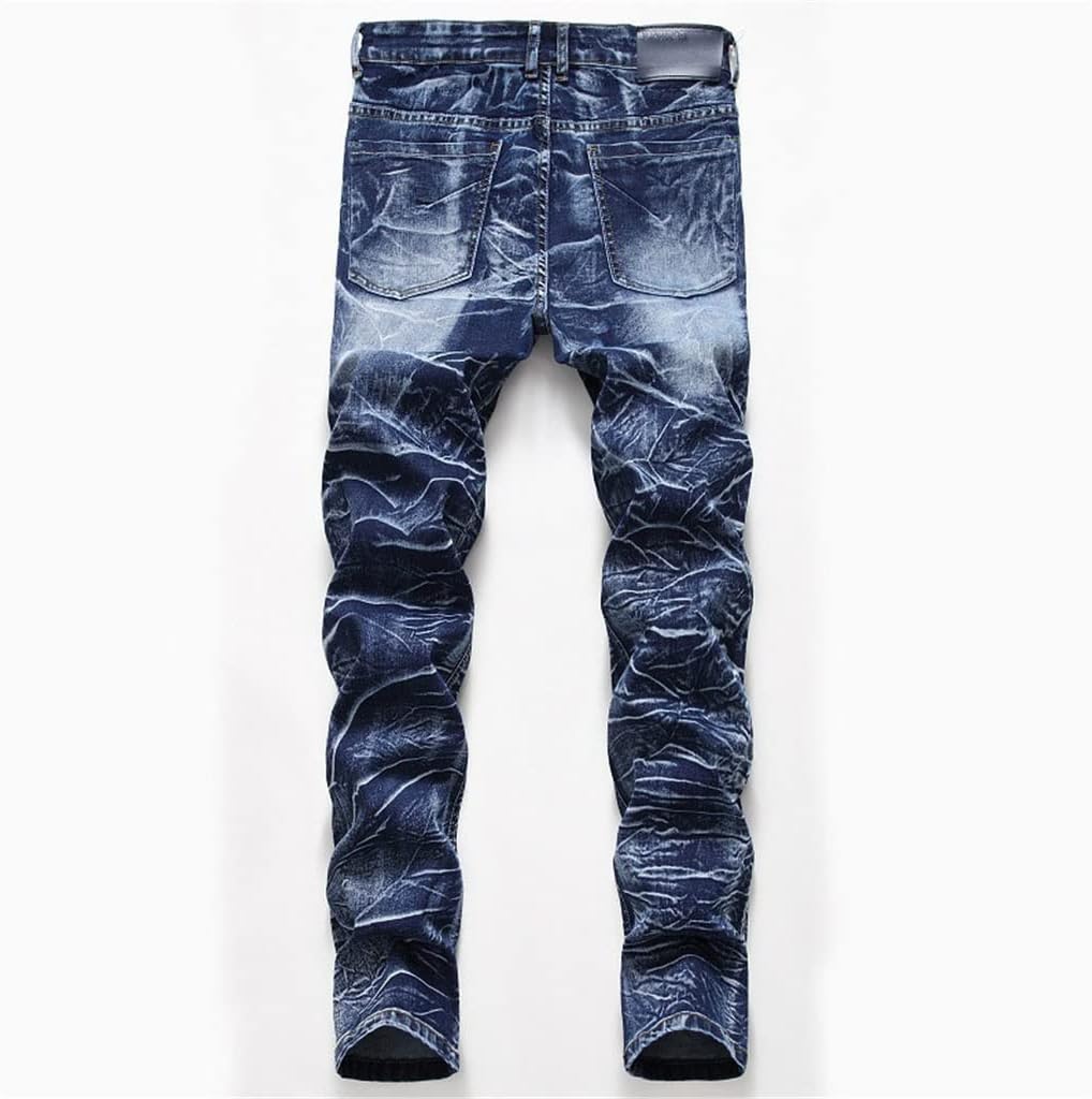 Snow Washed Patchwork Men's Straight Elastic Jeans Size Vintage Patch Slim Denim Long