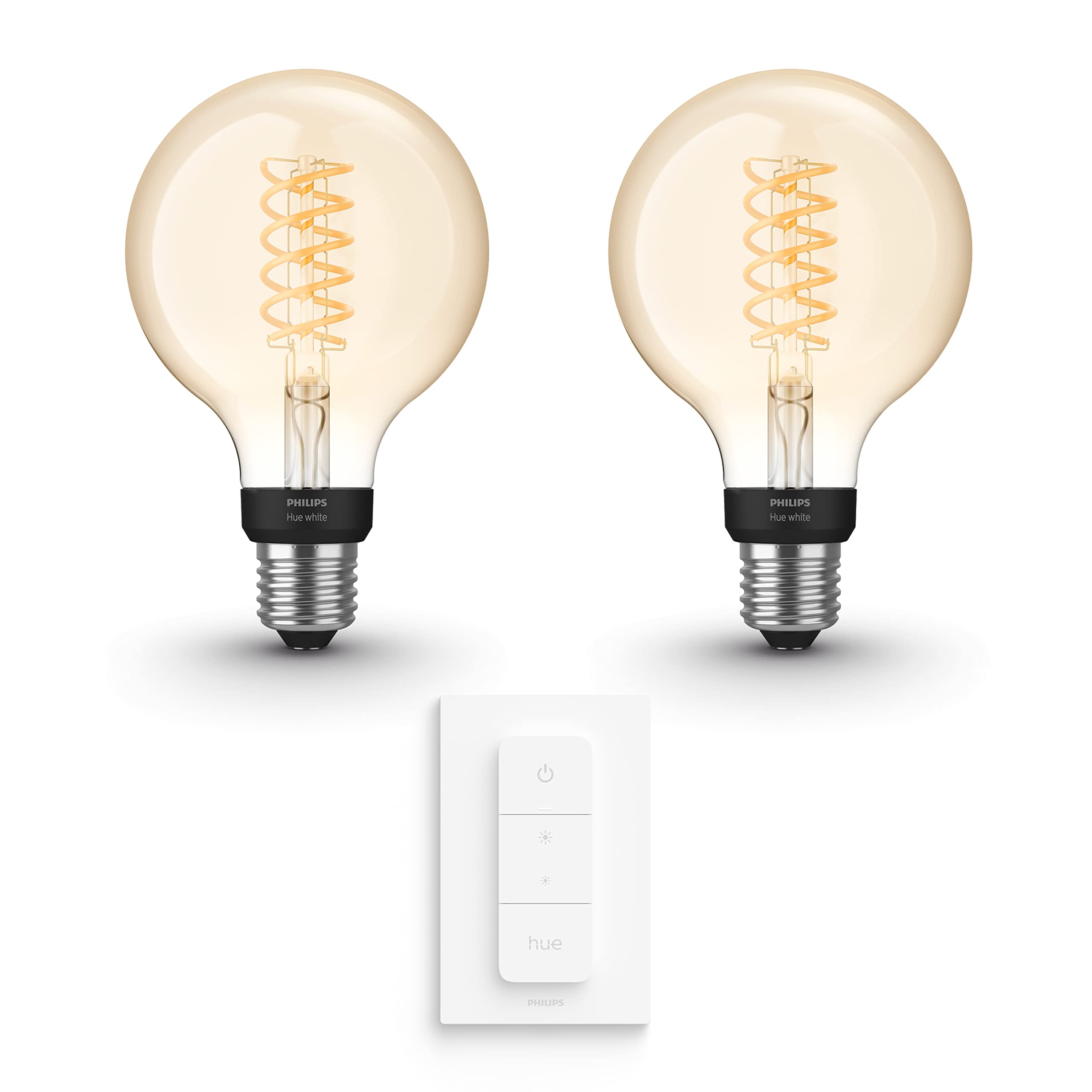 Philips Hue Vorteilspaket - E27 - mit 2 Filament Globe Lampen Klein (G93) - Warmweißes Licht - inkl. 1 Hue Dimmschalter - Hue White Filament