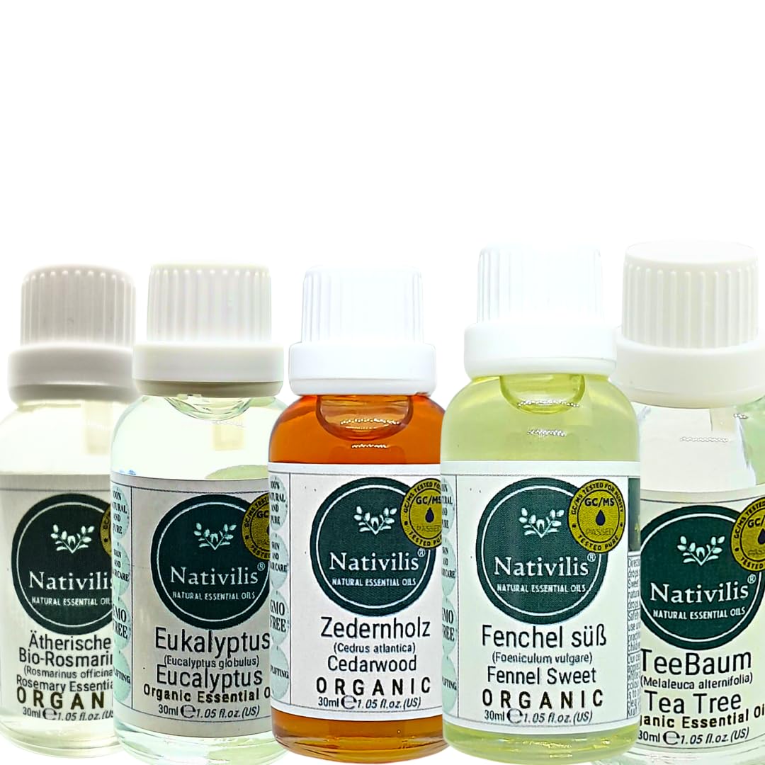 Nativilis Bio Ätherische Öle Set – Teebaum, Eukalyptus, Zedernholz, Fenchel & Rosmarin – 5 x 30 ml – Für Aromatherapie, Haut- & Haarpflege