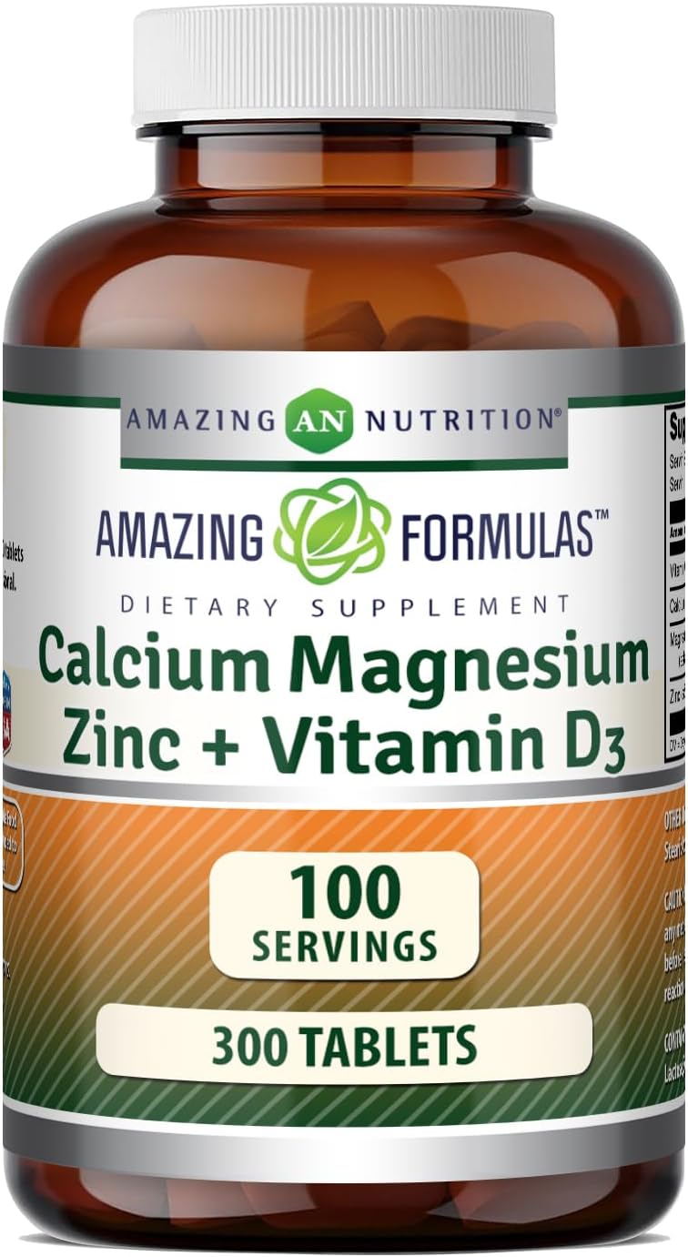 amazing nutrition Calcium 1000mg - Magnesium 400mg - Zinc 25mg Plus Vitamin D3 600 IU - 300 Tablets Per Bottle