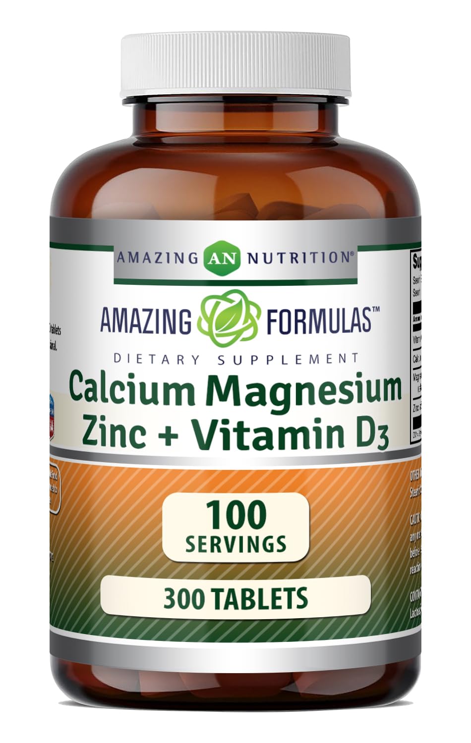 Amazing Formulas Calcium Magnesium Zinc D3-300 Tablets Per Bottle Supplement (Calcium 1000mg - Magnesium 400mg - Zinc 25mg Plus Vitamin D3 600 IU - Per Serving of 3 Tablets) Unflavored - 300 Count