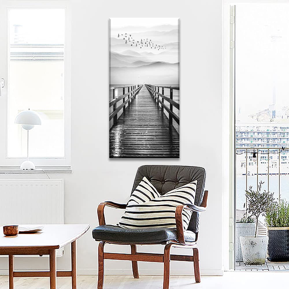 Lake Wall Art for Aisle Corridor, PIY Black and White Pier with Birds