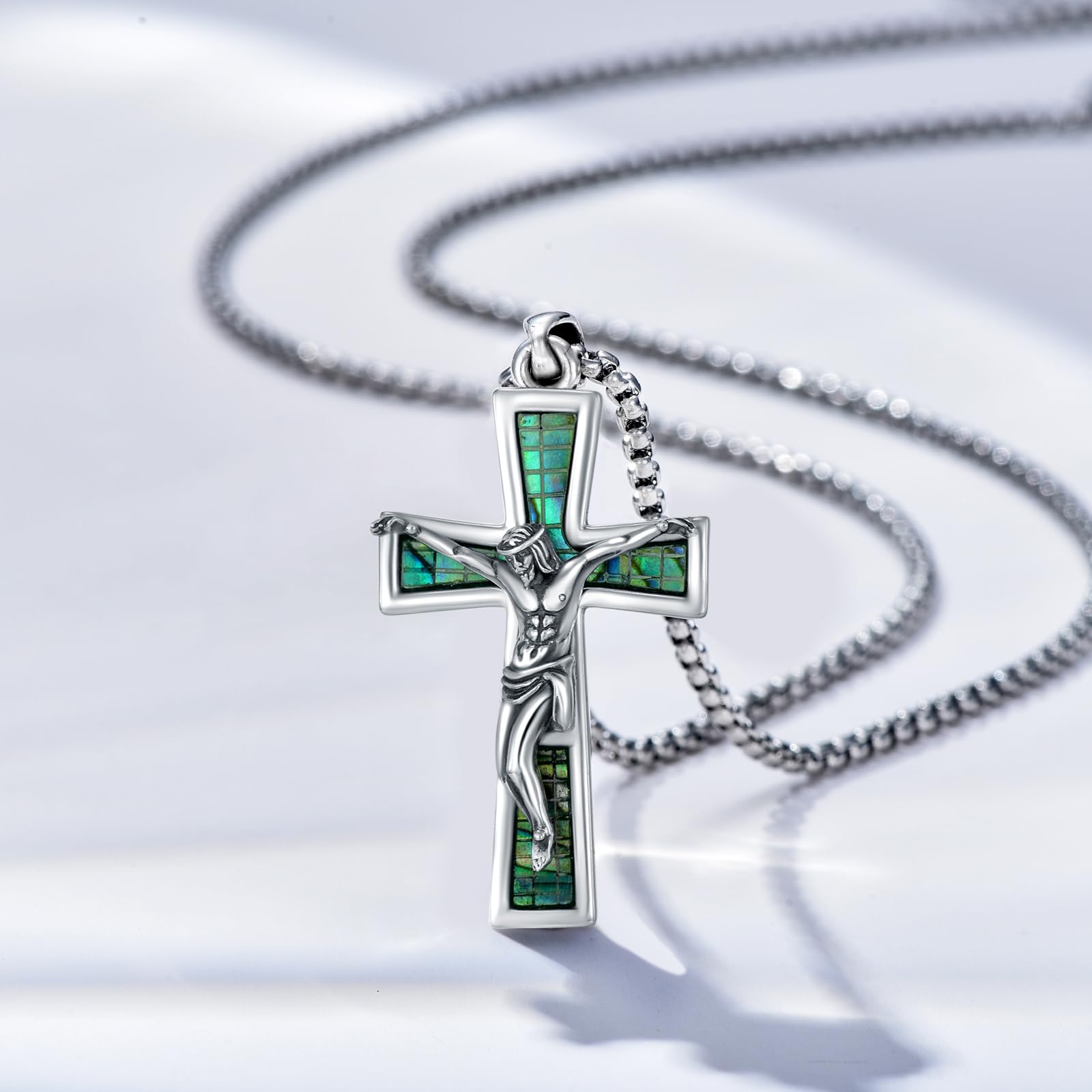 Kreuz Halskette für Männer Frauen 925 Sterling Silber Kruzifix Jesús Kreuz Anhänger Saint Amulett Halskette Abalone Conschelkreuz Religiöser Schmuck Geschenke22 +2 Zoll Edelstahlkette, 37 mm,