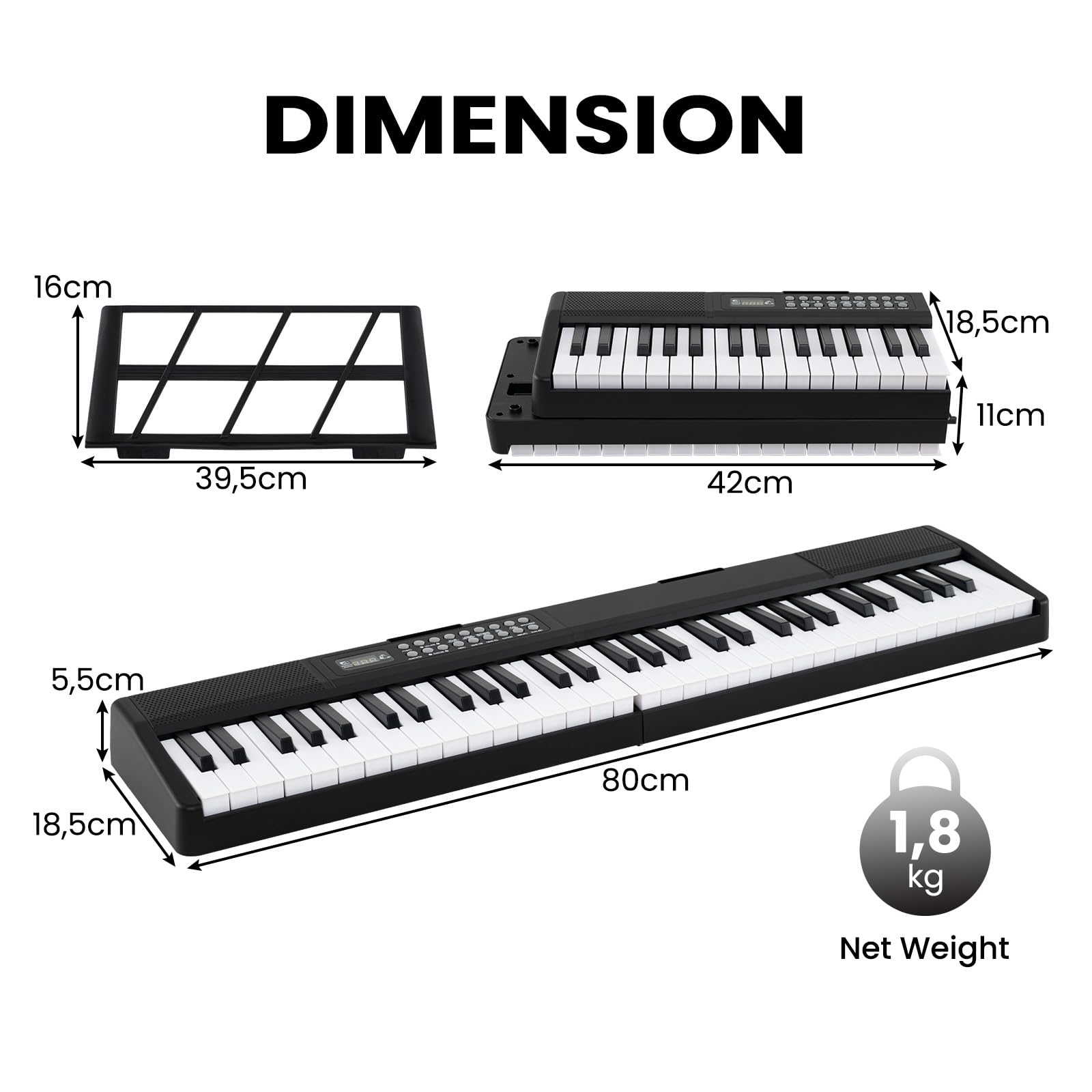 KOMFOTTEU Pianoforte Digitale 61 Tasti Pieghevole e Multifunzionale, Tastiera Elettronica Semi-Pesato, Pianola con Microfono & Doppi Altoparlanti, 3 Modalità di Insegnamento, MP3/USB/MIDI, Nero