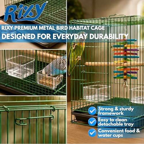 Image of Rixy Metal Bird Cage - 18 inch (1.5 feet) (Colour May Vary) | Habitat Cage with Free Hanging Toy (1) + Perches (2) + Food & Water Feeder Cups (2) for Budgies, Lovebirds, Finches, Cockatiels & Parrots