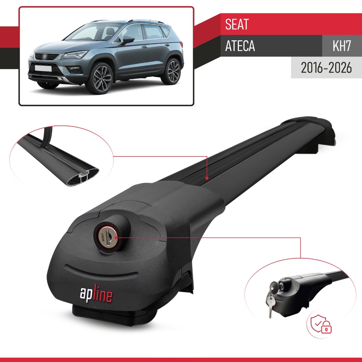 Compatible con Seat Ateca (KH7) 2016-2026 Modelo Ace-1 Barra de Techo Auto Portaequipajes Barras Transversales Negro Aluminio 2 Barras