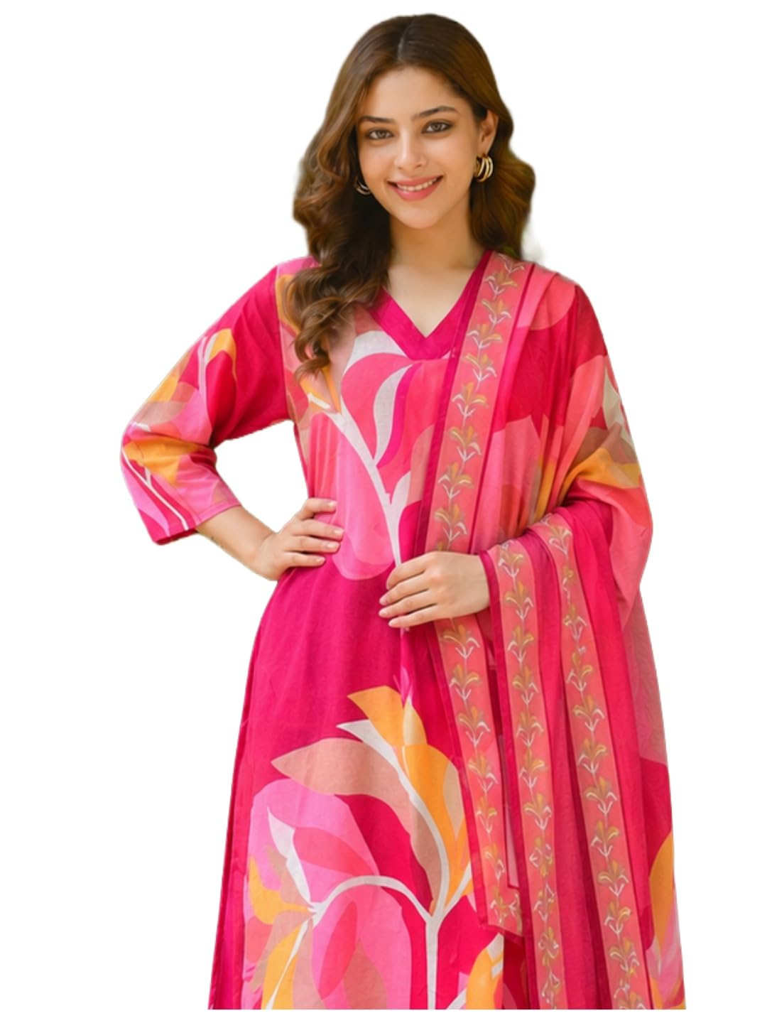 gosriki Cotton Blend Printed Straight Kurta with Pant and Dupatta for Women | Cotton Blend Pink | 3/4 Sleeve | V-Neck | Ethnic Wear Casual Wear-picture-14