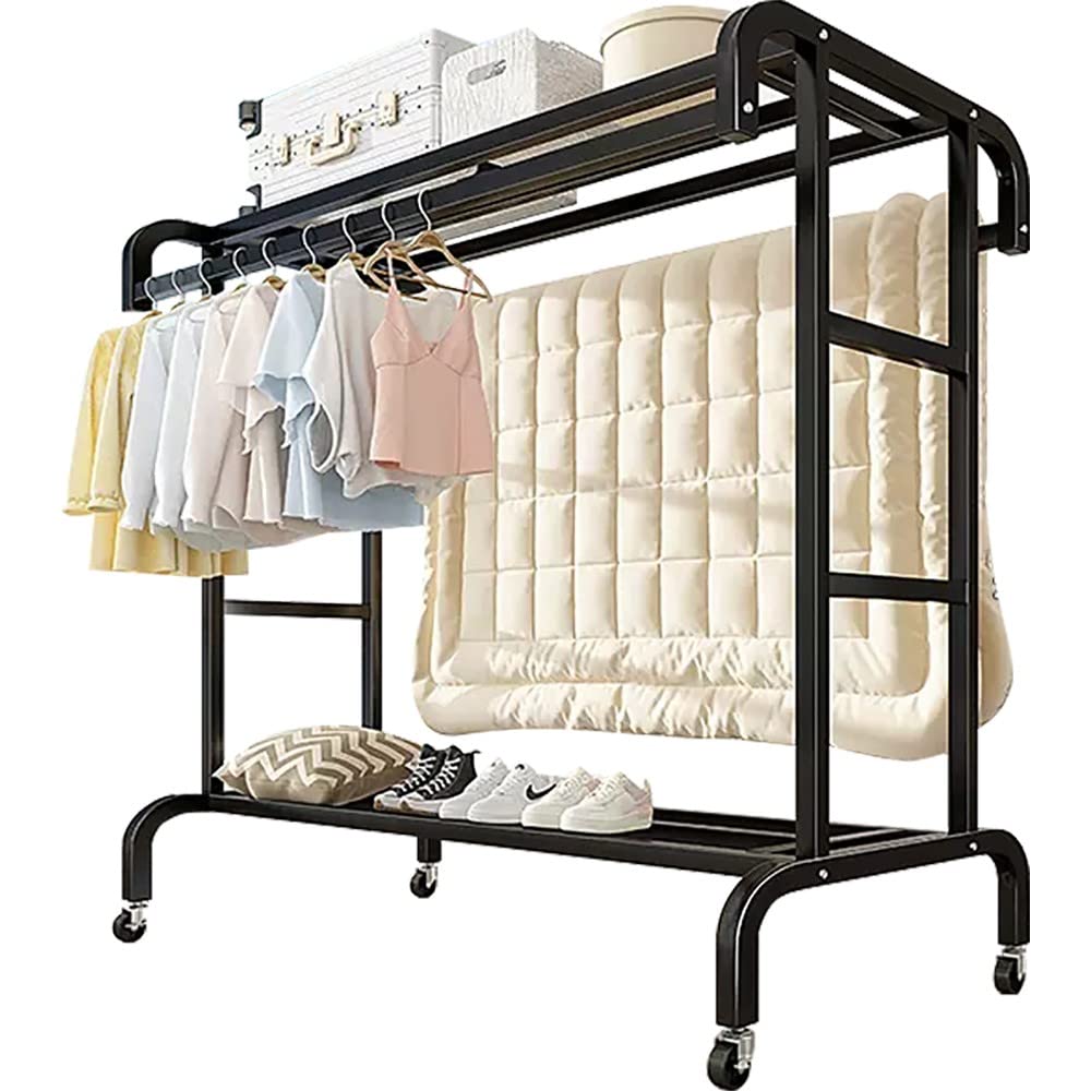 Aycdl D Freestanding Garment Rack With Wheels, Ouble Rail An Storage Shelf For Hanging Clothes, Multifunctional Esign,-80 * 50 * 150Cm