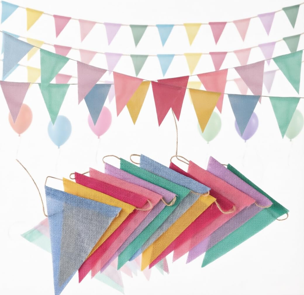 5PCS Bunting Flags Banner with 60 Flags, 4m/13ft Multicolor Bunting Banner, Bunting Fabric Pastel Rainbow, Triangle Flags Imitated Linen Burlap with Balloon for Garlands Party Decorations