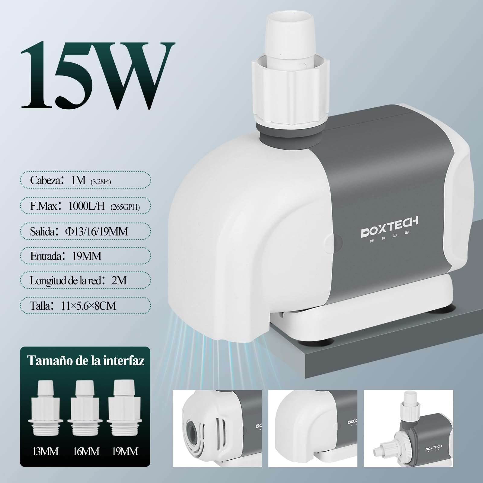 boxtech 15W Bomba Sumergible Bomba de trasiego para acuarios Bomba para acuarios con 3 boquillas Apta para Fuentes de acuarios Apta para circulación de Agua Dulce y Salada