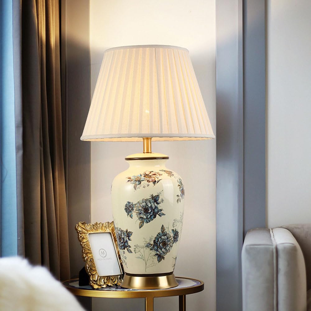 asdchZen 27.5" Chinoiserie Ceramic Table Lamp Traditional Bedside Desk Nightstand Lamp End Table Lamps For Bedroom Living Room Office Bookcase-B,A