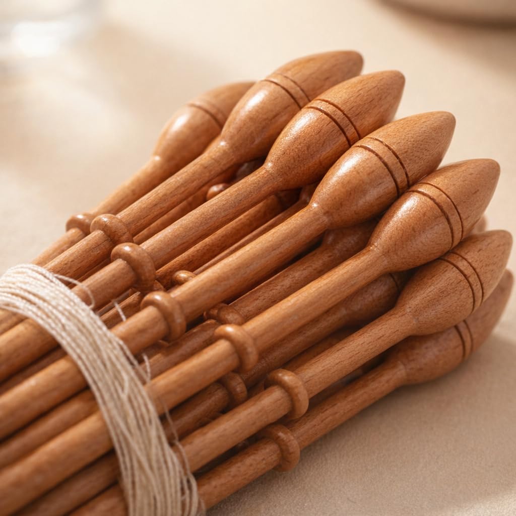 Yuecoom 12Pcs Bobbin Lace Kit, Lace Bobbin Wooden Antique Vintage French Artisan Craft Turned Wood Weaving Tools, Lace Makers Collection Bobbin Lace Kit for Beginners