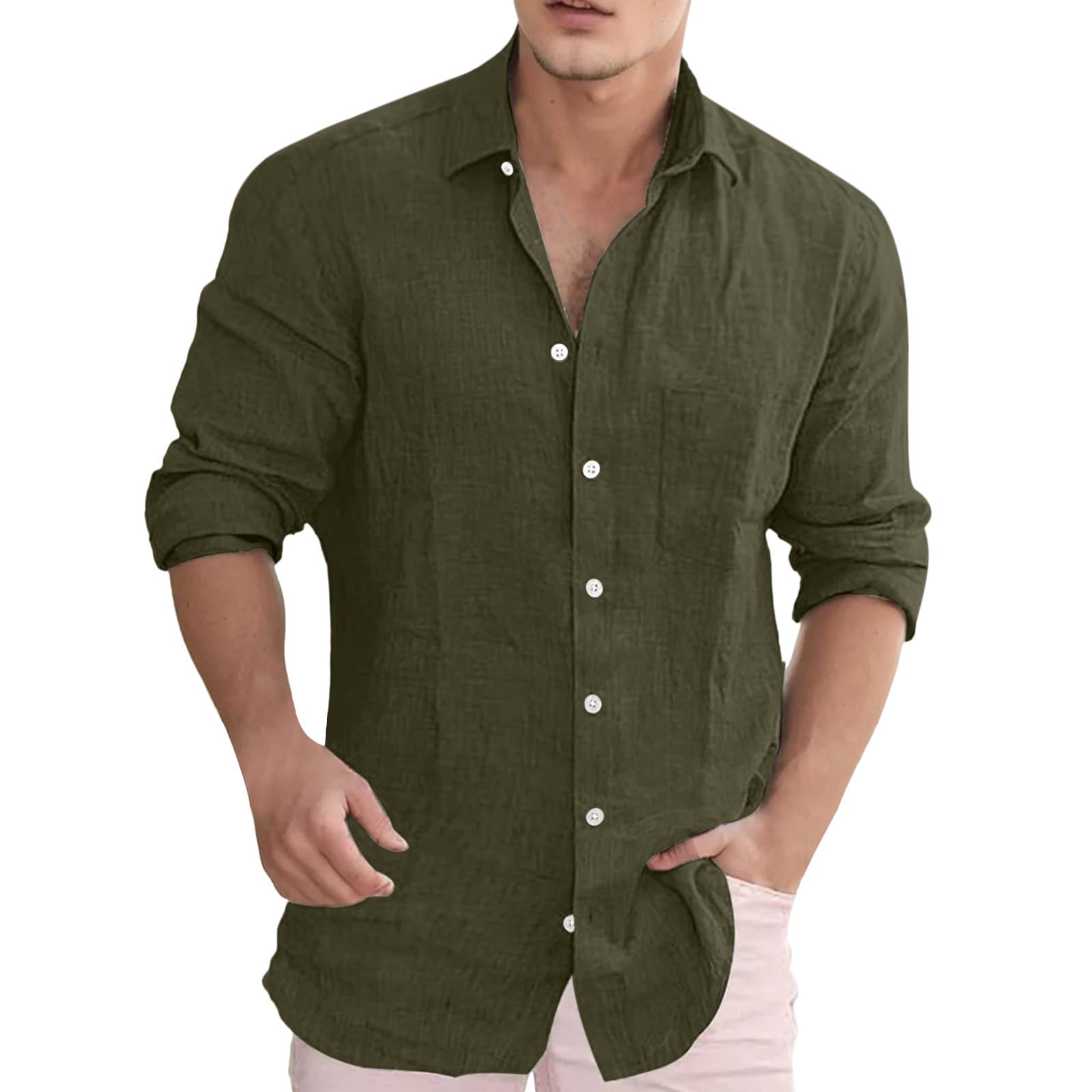 Genérico Camisas Hombre Verano 2024 Camisas Hombre Manga Larga Casual Camisas de Verano Hombre Color Liso Camisa Color Liso Informal Hombre para Exteriores Camisa Casual de Manga Larga con Botones
