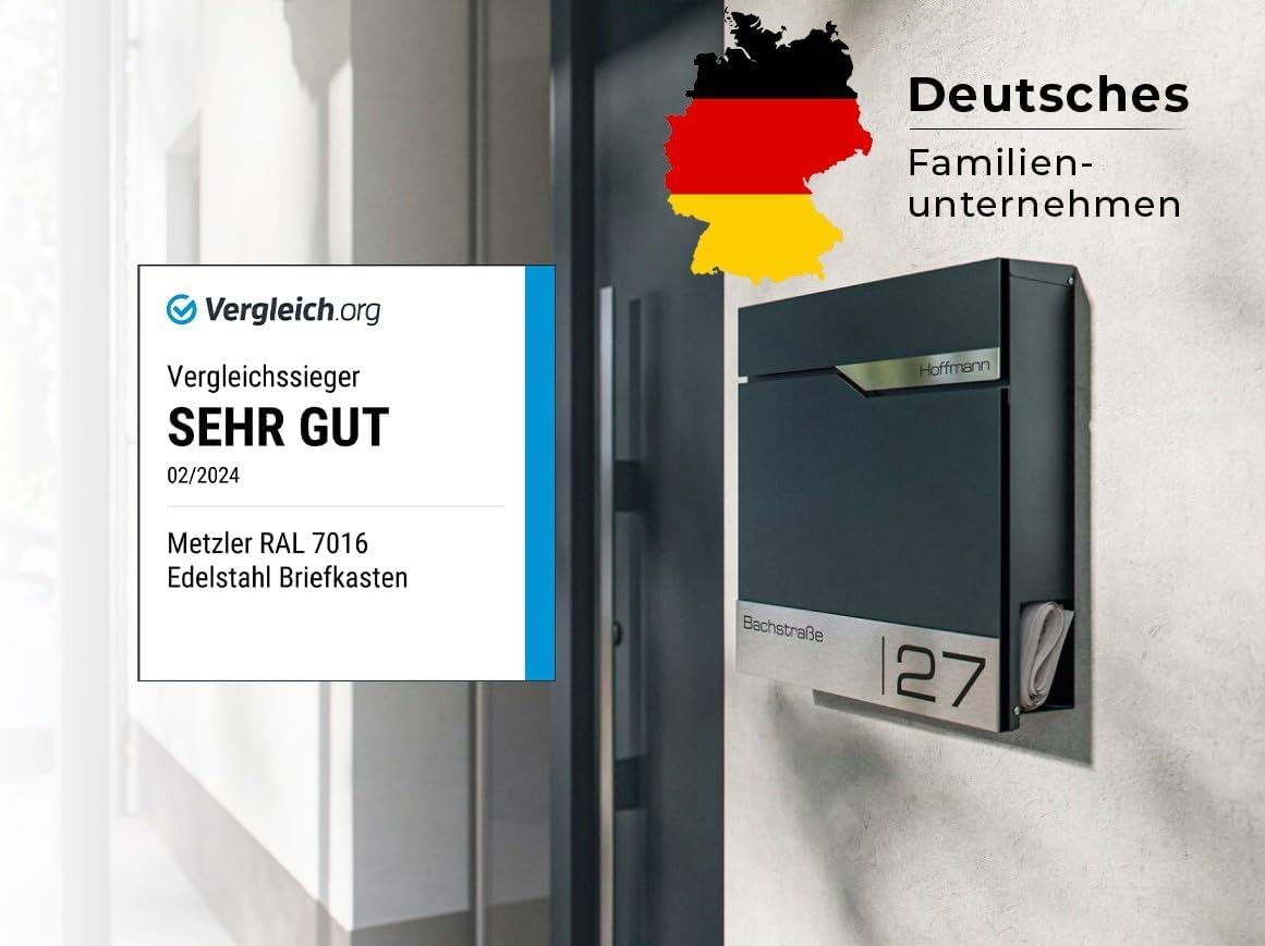 Metzler Moderna Cassetta Postale Con Portagiornale Antracite RAL 7016 - Personalizzata Con Targhetta in Acciaio Inossidabile V2A, Da Parete - Siebert