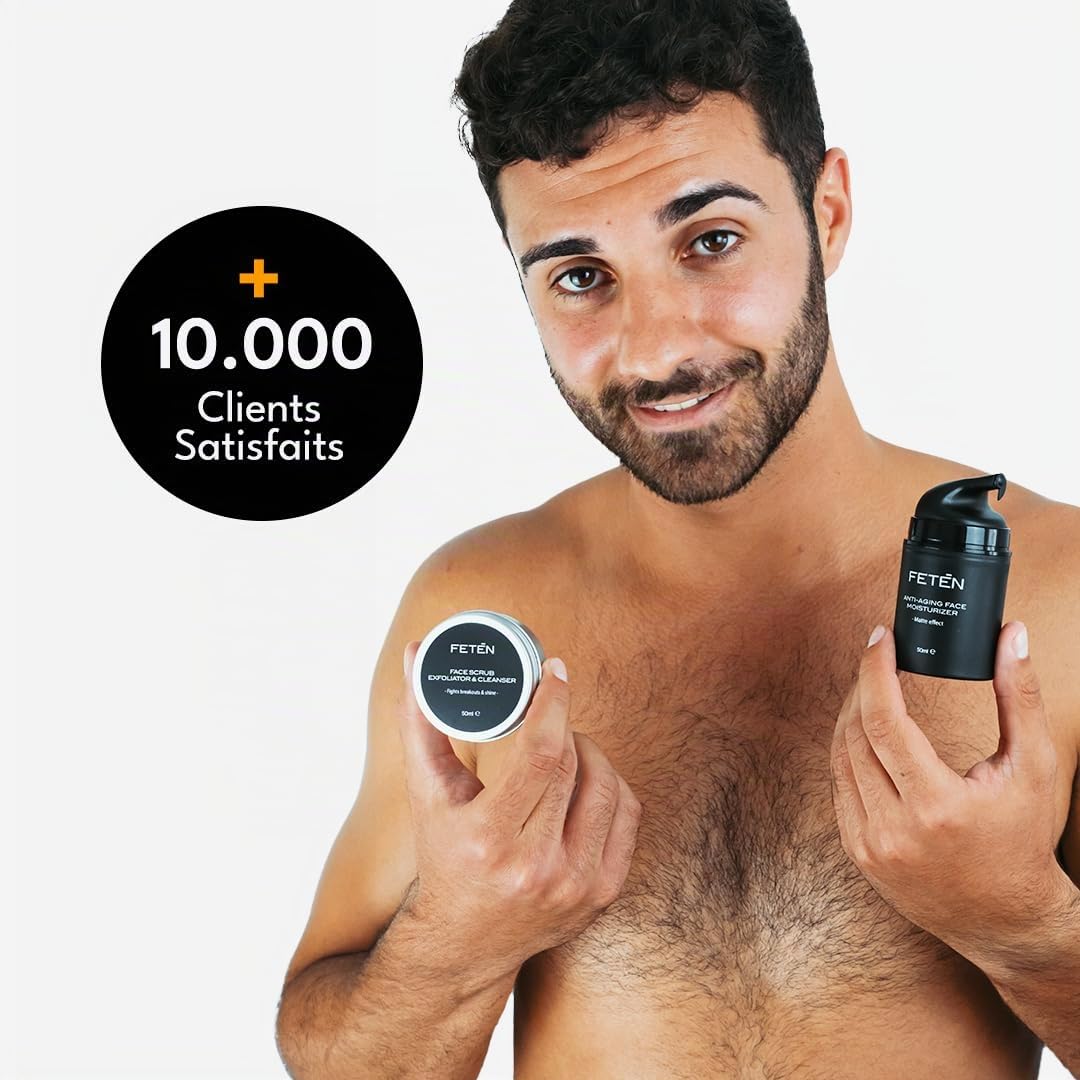 FETEN Coffret Soin Anti-Imperfections Homme - Gommage Visage + Crème Hydratante Matifiante Anti-Rides, Traitement Complet pour la Peau, Coffret Cadeau Homme