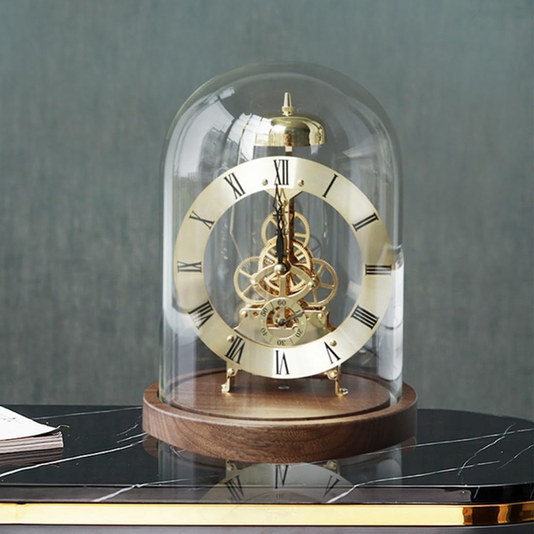Orologio da scrivania con luce notturna a LED, orologio meccanico al quarzo retrò trasparente, orologio al quarzo vintage con cupola in vetro, orologio da tavolo vintage lampada LED per camera