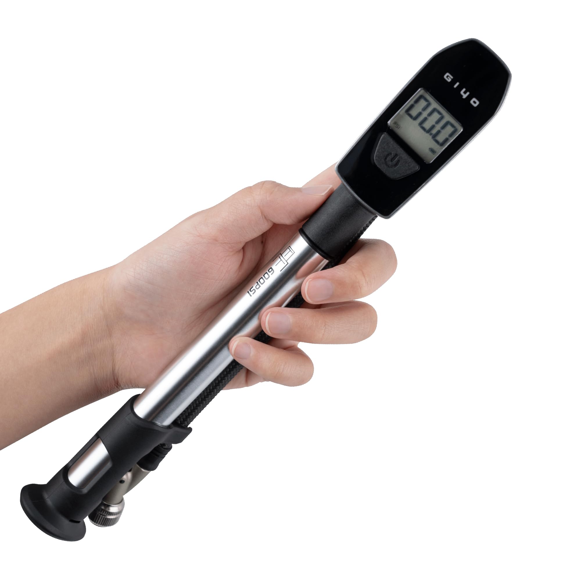 GIYO Digital Shock Pump 600 PSI – Turbo-Assist for Easy Inflation, Micro Air-Bleeder, Robust Aluminum Barrel, Comfort Grip & Braided Hose, Ideal for Fork & Rear Suspension GS-52L