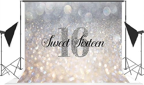 Miniatura 4 de Lofaris Telón de fondo brillante para fiesta de cumpleaños número 16, color plateado y blanco, Bokeh con puntos dorados, fondo de princesa de