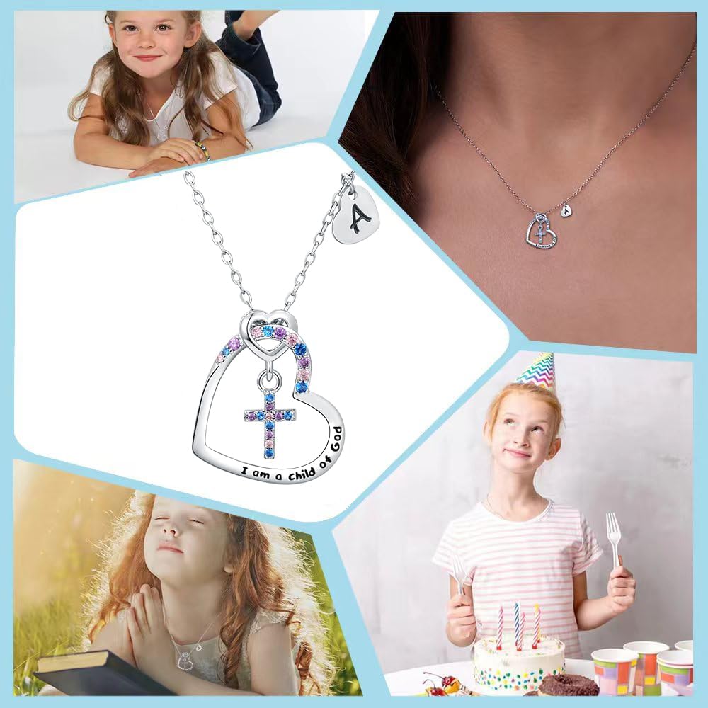 Cross Necklace for Girls | I am a child of God Necklace for Girls | Heart Letter initial | 18K White Gold Plated Pendant Jewelry First Communion Baptism Gifts Christmas Birthday Gifts for Girl Women - Image 3