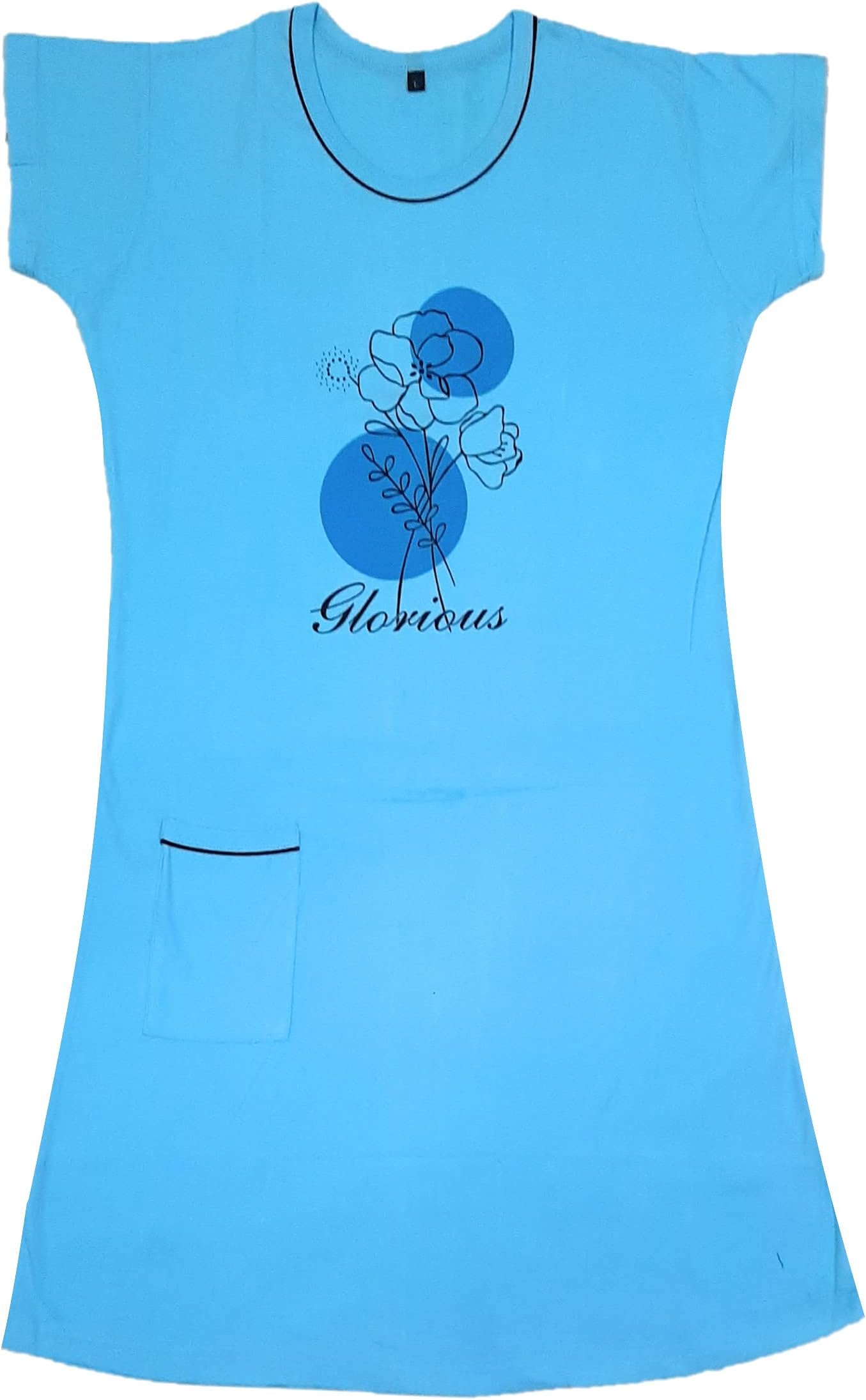 Women's Cotton Nightgown Sleepwear Knee Length Short Sleeves Shirt Casual Print Sleepdress with Pocket | Soft Sleepshirt for Ladies & Girls Blue