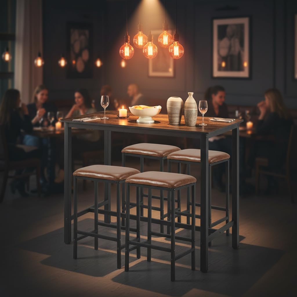 Ensemble table de bar marron avec 4 tabourets de bar et table à manger - Table de cuisine avec chaises - 120 x 60 x 90,5 cm