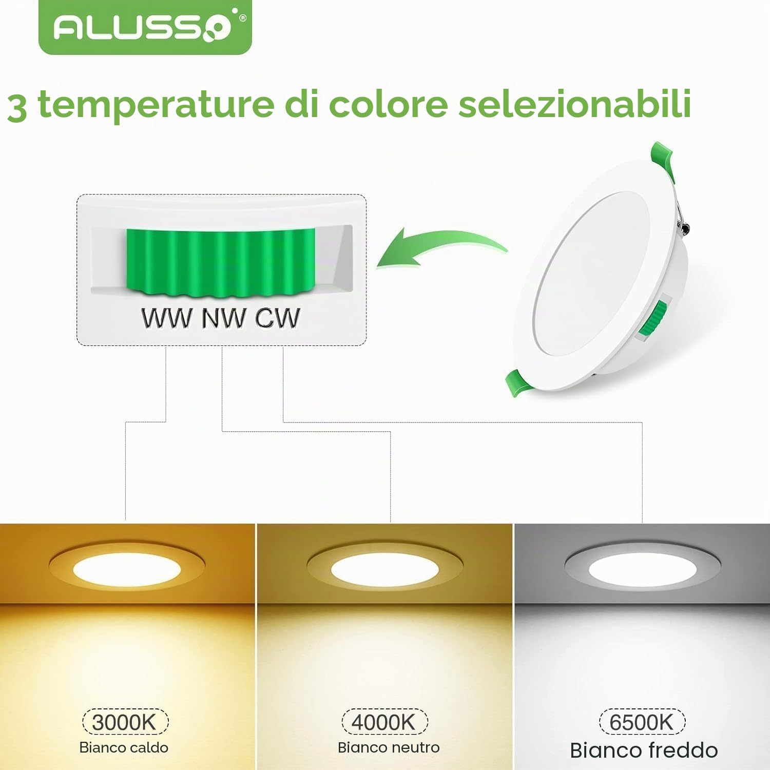 ALUSSO Set di 6 faretti LED da incasso piatti 230 V, 10 W, 800 lm, intensità variabile, ultra sottile, profondità di incasso 30 mm, bianco caldo 3000 K, bianco neutro 4000 K, bianco freddo 6500 K,