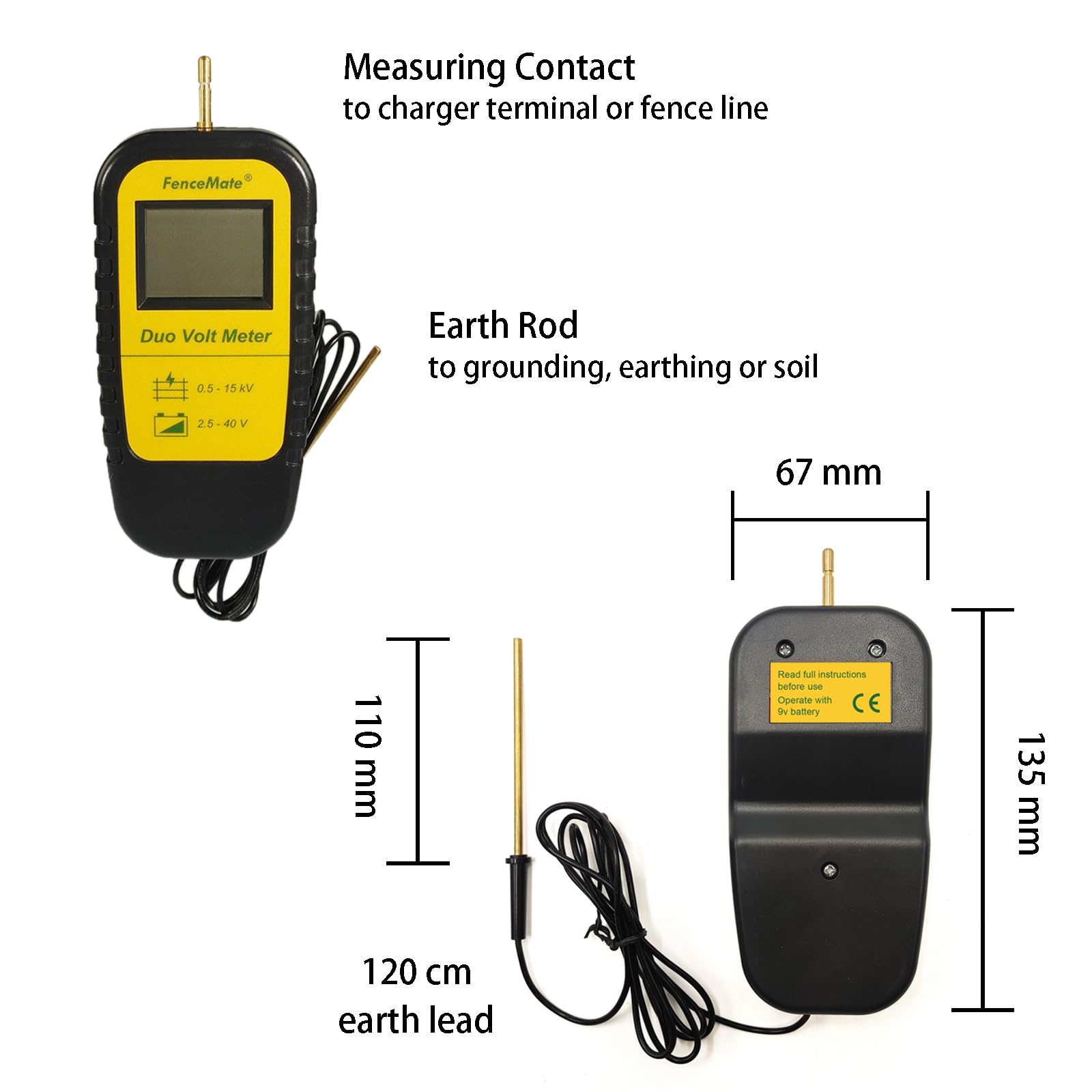 FenceMate Voltmetro digitale duo per controllare la tensione di elettrificatori di recinzioni elettriche 0,5-15 kV e tensione della batteria 2,5-40 V, tester per recinzione elettrica per tracciare