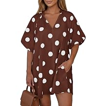 Wenrine Womens Summer Polka Dot Mini Dress Casual Puff Sleeve V Neck Loose Flowy Shirt Dresses with Pockets