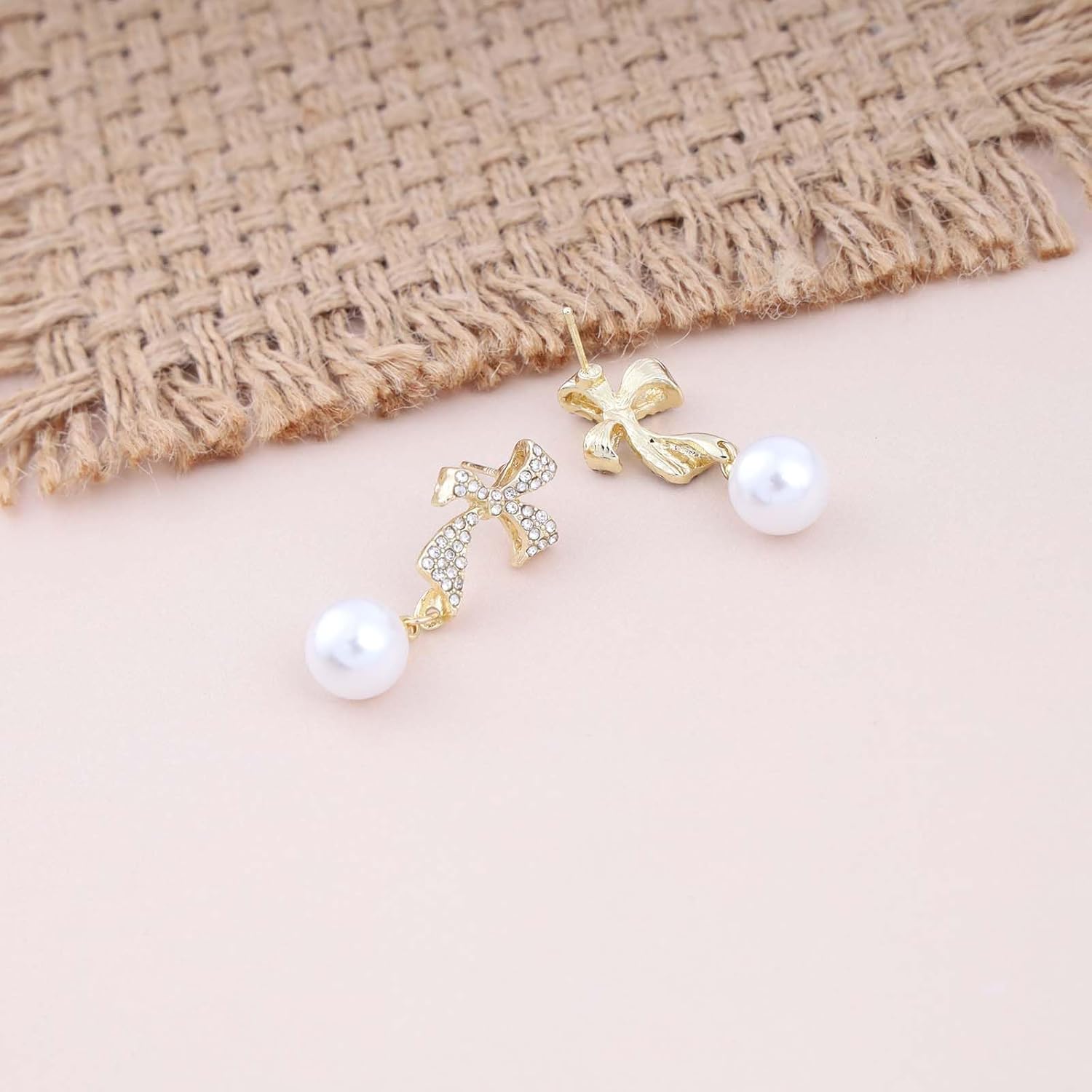 Andelaisi Boho Crystal Bow Earrings Vintage Rhinestone Bow Pearl Dangle Earrings Gold CZ Bowkont Stud Earrings Butterfly Knot Pearl Drop Earrings Jewelry for Women - Image 6