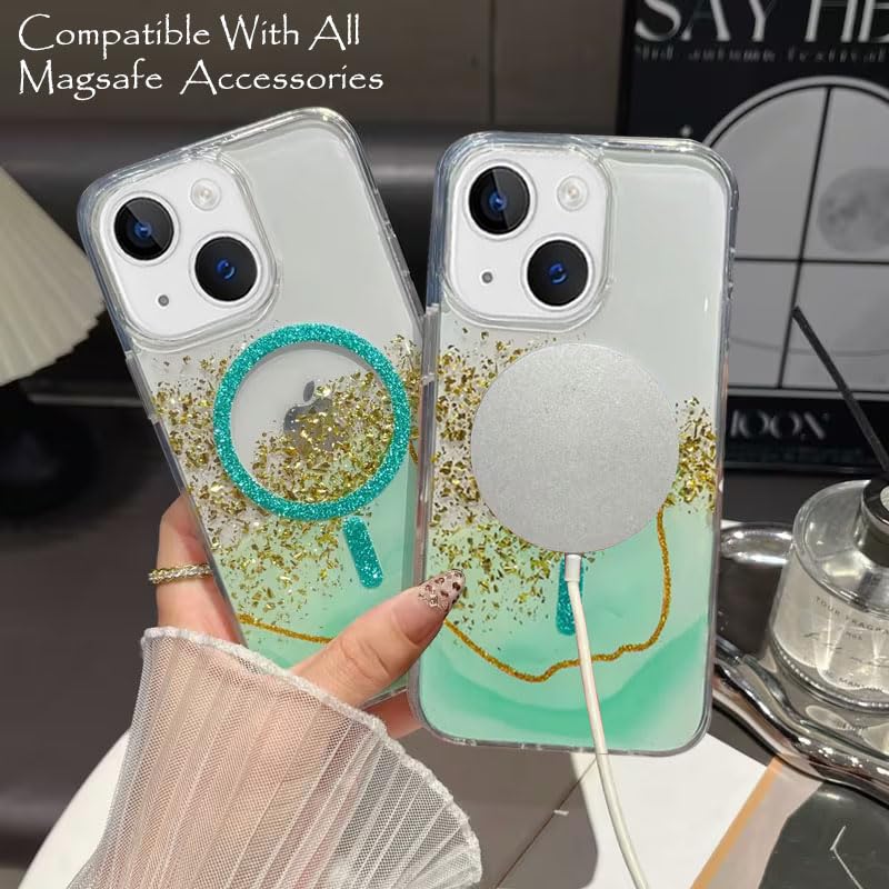 Image of mobistyle Compatible with iPhone 15 | Magentic Glitter Gradian Elegant | Camera Lens Protection Back Cover Case for Women Girls iPhone 15 (Green)