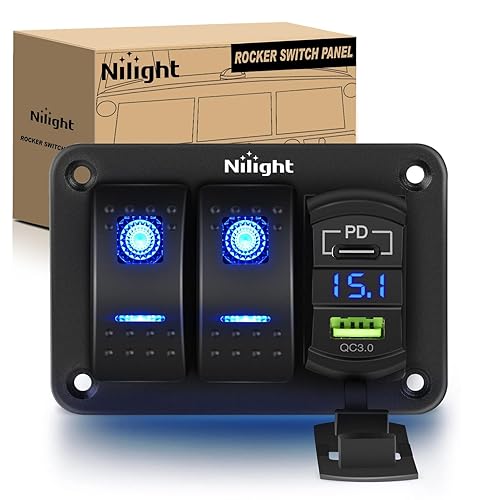 Nilight Panel de interruptor basculante de 2 cuadras, retroiluminado azul con PD tipo C y cargador USB, voltímetro impermeable de 12 V 24 V CC,