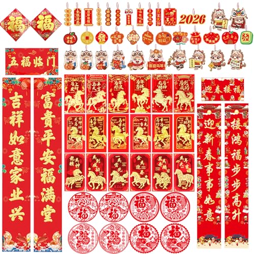 Chinese New Year Decorations 2026, 66 Pcs Lunar New Year Decorations- Year of the Horse Red Envelopes Couplets Window Clings Hanging Ornaments FU Character Red Paper, Chinese New Year Decor Gifts
