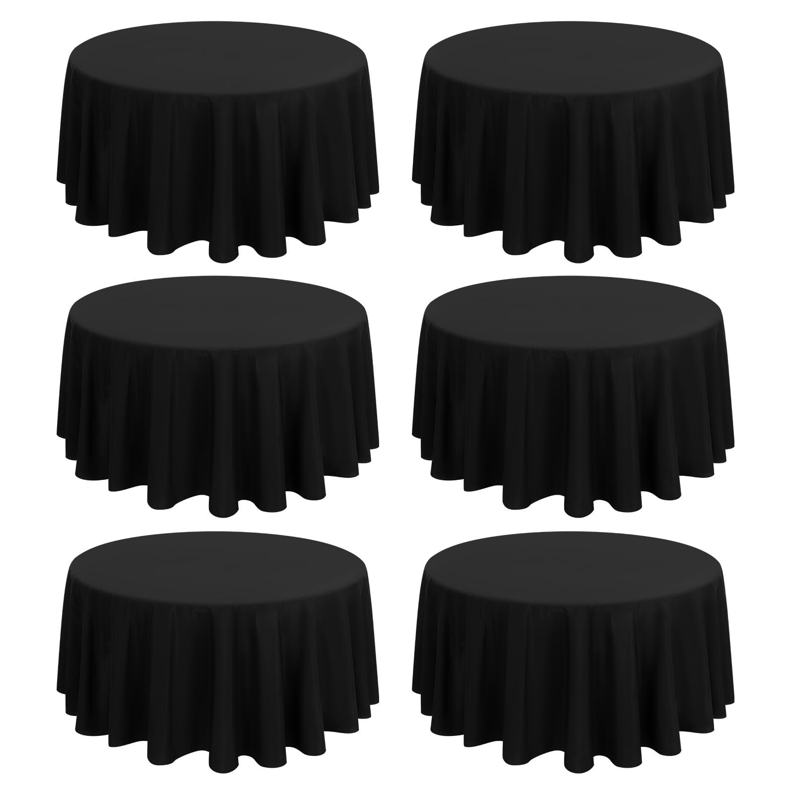 FXKS 6 Pack Black Round Tablecloth 108 Inch Circular Black Table Cloth Stain and Wrinkle Resistant Tablecloths Reusable and Washable Polyester Fabric Table Covers for Buffet Wedding Party and Banquet