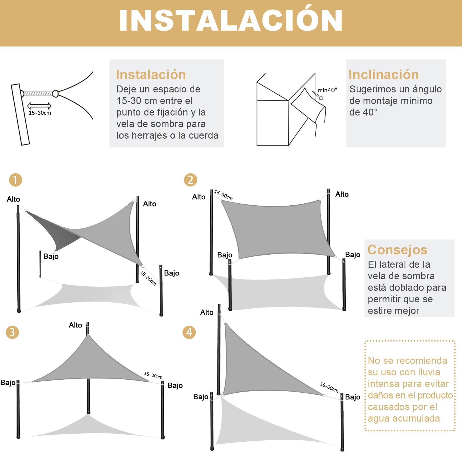 AXT SHADE Toldo Vela de Sombra Rectangular 3x4m Protección Rayos UV y HDPE Transpirable para Exterior Terraza Patio Jardín-Arena