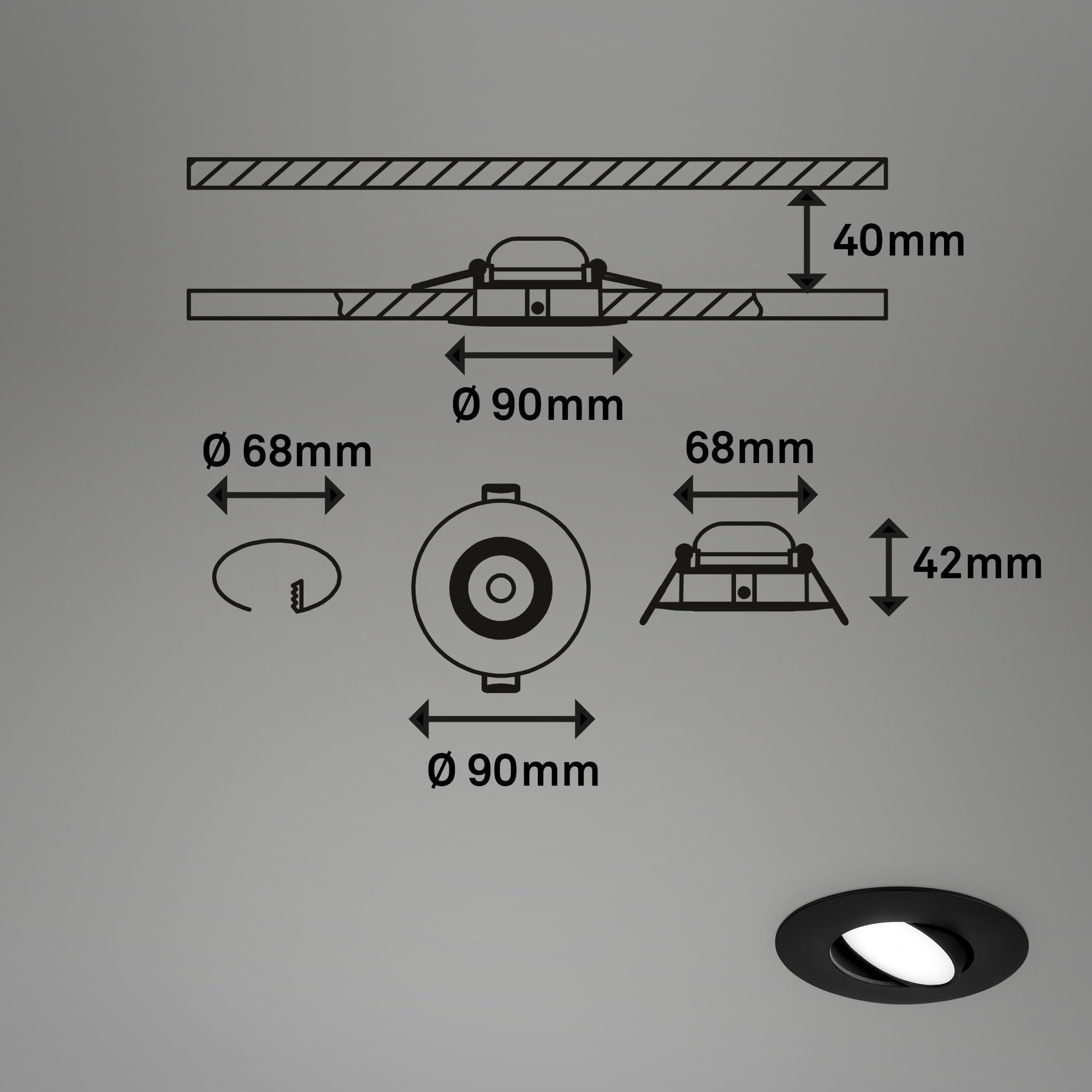 BRILONER Lot de 3 spots LED à encastrer 230V IP65 noir 90x45 mm