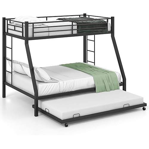 KOMFOTT Twin Over Full Bunk Bed with Trundle, Heavy-Duty Metal Bunk Bed Frame with Guardrail & 2 Ladders, Space-Saving Bunk Bed for Kids/Teens/Adults, No Box Spring Needed