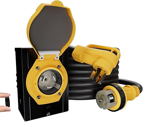 Cable generador de 50 amperios de 25 pies con caja de entrada de alimentación preperforada, 50 amperios 4 clavijas, 125V250V NEMA 14-50P macho a