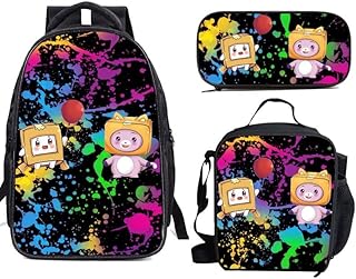 Lankybox Cartoon Backpacks 3 Pcs Set, FOXY ROCKY MILKY BOXY 3D Printed School Bag Lunch Bag and Pencil Case, Lightweight Casual Schoolbag for Student Teen Boys Girls (4#)