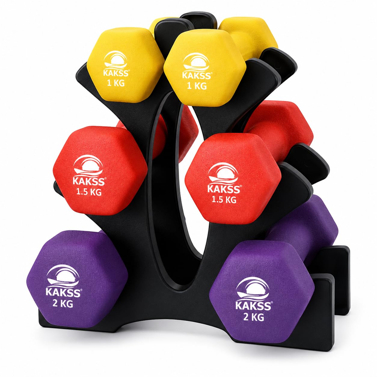 KAKSS Neoprene Dumbbell Set with Rack 1kg Pair, 1.5kg Pair, 2kg Pair, Multicolor Hex Hand Weights Dumbbells Set, Cast Iron Weights Set Gym Equipment for Home Use and Exercise