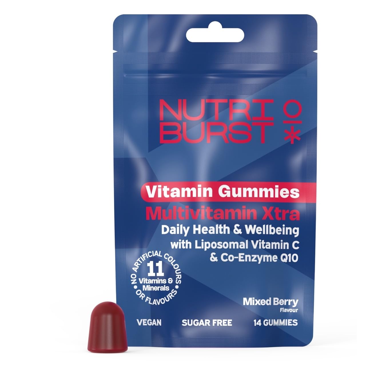 Nutriburst Multivitamin Xtra Vitamin Gummies - Trial Pouch - Liposomal Vitamin C, CoEnzyme Q10 & Essential Vitamins - Daily Multivitamin - Sugar Free, Vegan & Halal - 14 Gummies (14 Day Supply)