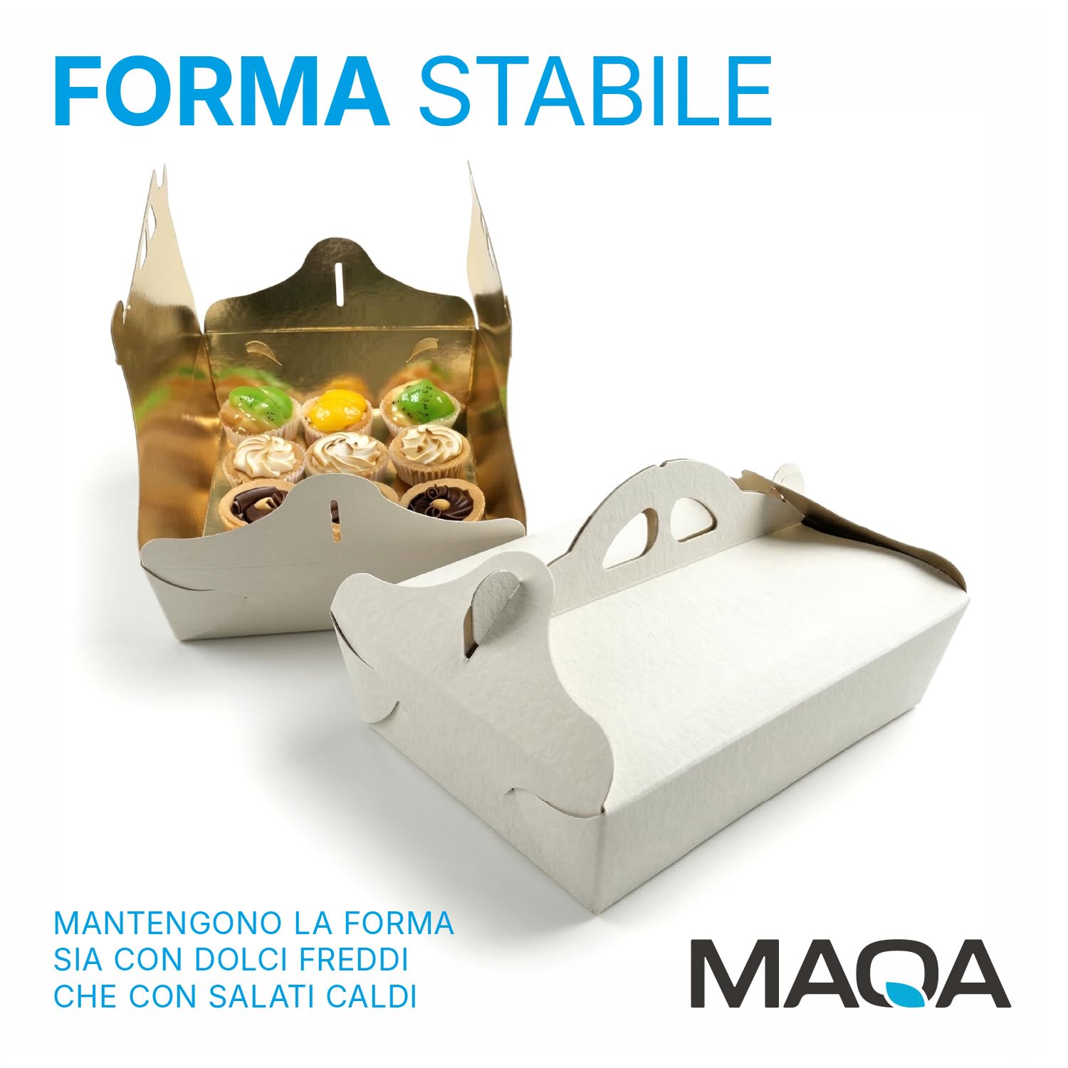 MAQA 25 Pezzi Scatole Porta Torta 15 x 21 cm, Rettangolari in Cartone Bianco e Oro con Maniglia, Porta Dolci, Pasticcini e Biscotti per Asporto, Feste, Pasticcerie e Catering