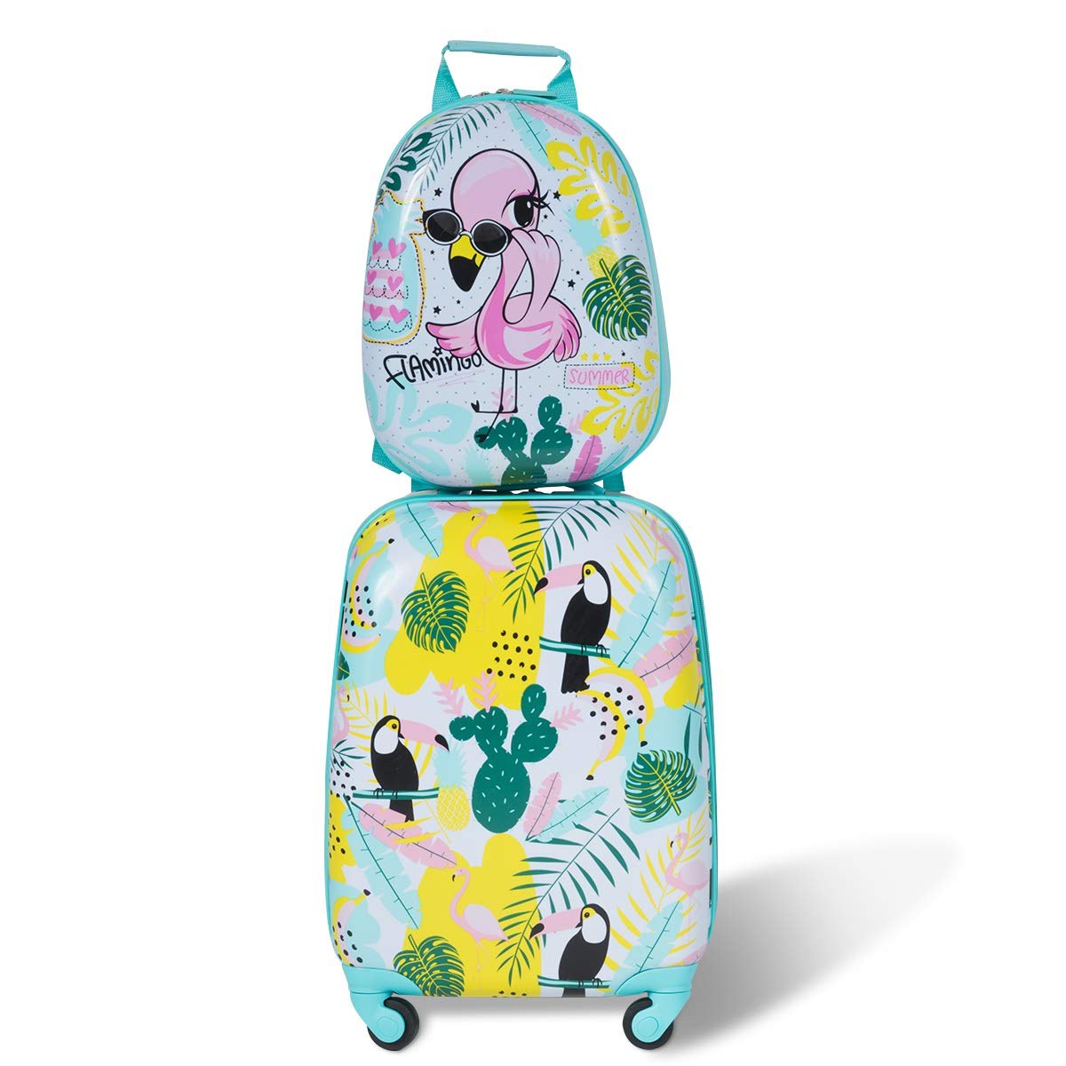 COSTWAY Maleta Infantil Niños, Equipaje de Viaje con Mochila, Equipaje Infantil con Ruedas Universales y Mango Ajustable, Juego de Mochila y Maleta Cabina Trolley (Monstruos)