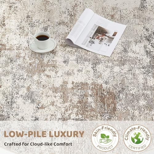5ft Round Area Rug Living Room Rugs - 5x5 Washable Neutral Modern Abstract Soft Thin Rug Indoor Floor No Slip Rug Carpet for Bedroom Under Dining Table Home Office Decor - Brown Grey