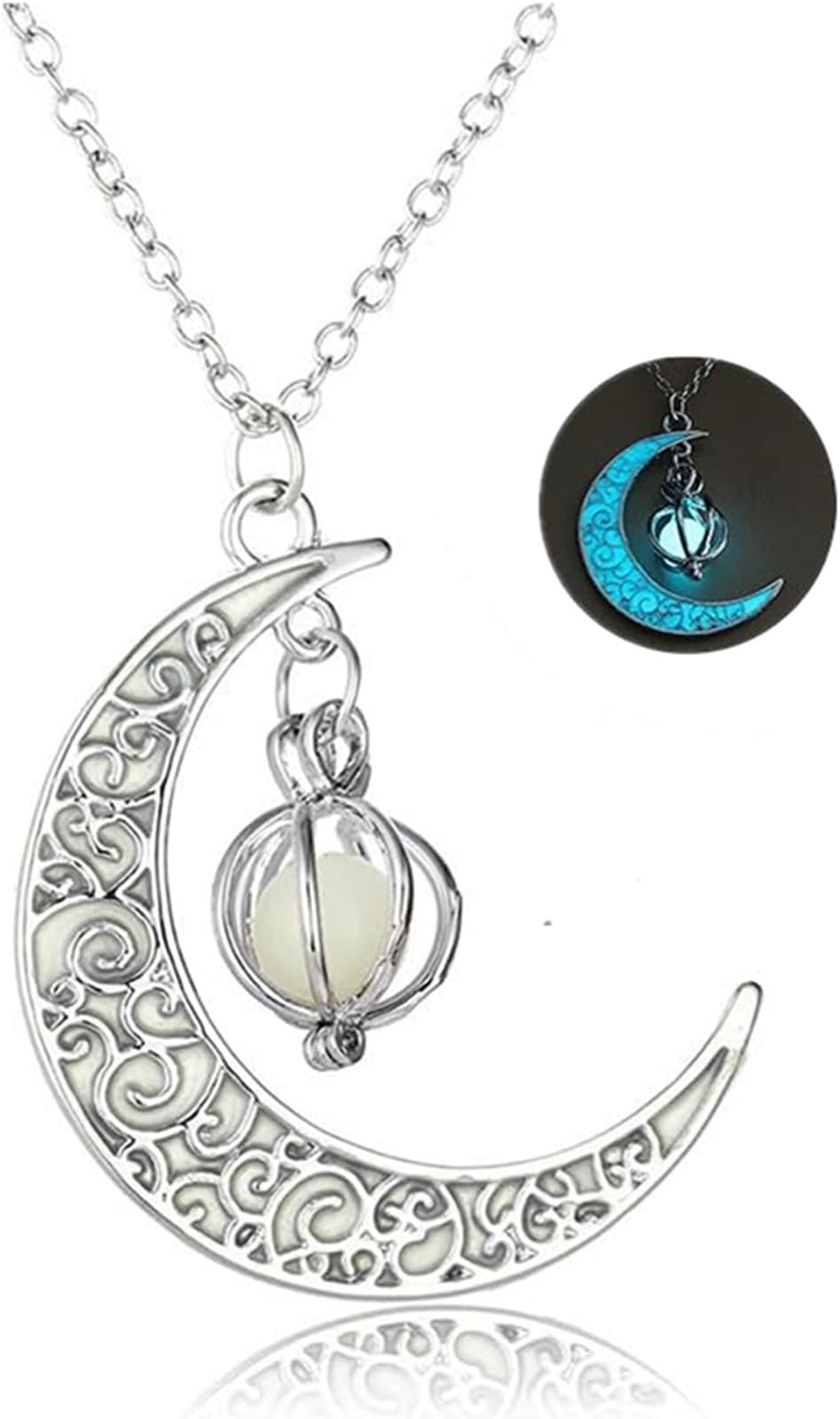 Glow in The Dark Silver Crescent Moon and Orb Necklace - Glowing Blue Moon Charm - Magical Fantasy Fairy Glowing Necklace - Glow Jewelry (blue-green)