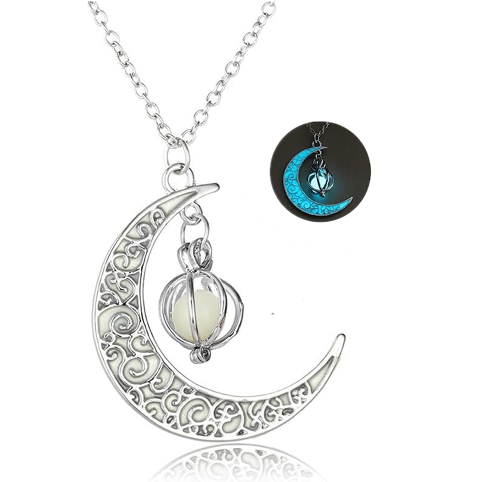 Glow in The Dark Silver Crescent Moon and Orb Necklace - Glowing Blue Moon Charm - Magical Fantasy Fairy Glowing Necklace - Glow Jewelry (blue-green)