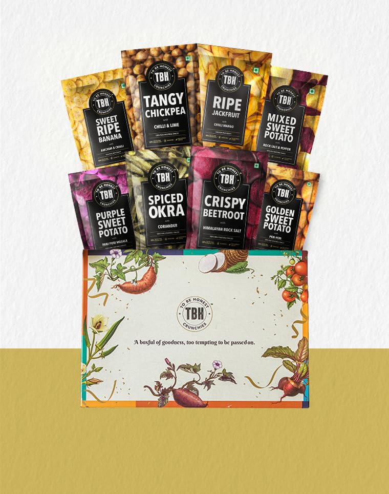 TBH - To Be Honest Assorted Healthy Fruit & Vegetable Snacks Gift Pack | Gluten Free | Vegan Friendly Snack | Low Fat | 50% Less Oil | No Preservatives - Pack of 8 - (510 GM)
