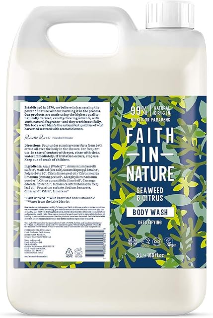 Faith In Nature Natural Seaweed and Citrus Body Wash, Detoxifying, Vegan and Cruelty Free, No SLS or Parabens, 5 L Refill Pack