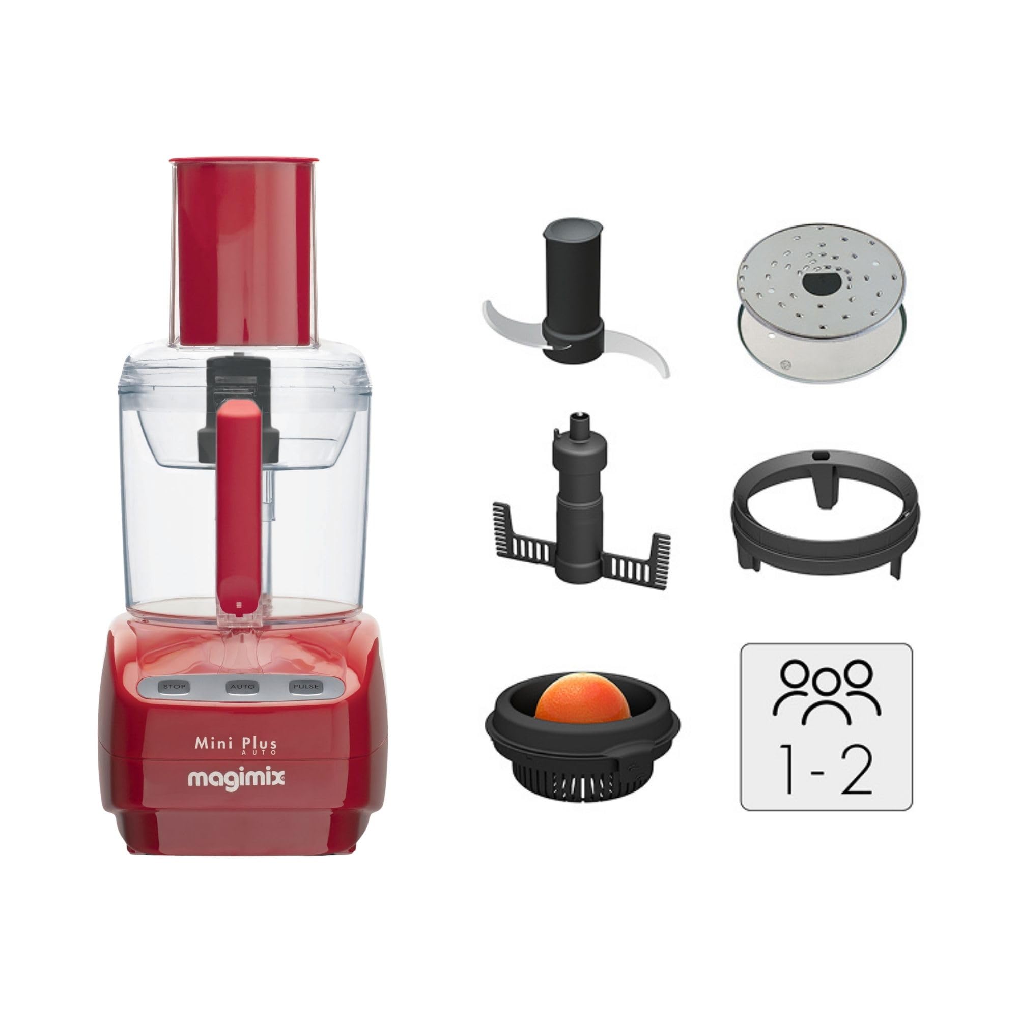 magimix Küchenmaschine – Kompakte 400W Multifunktions-Küchenmaschine mit 2 Schüsseln (1,7L & 0,5L), Edelstahlmesser, Reibe- & Schneidescheiben, Mixerfunktion, Rot