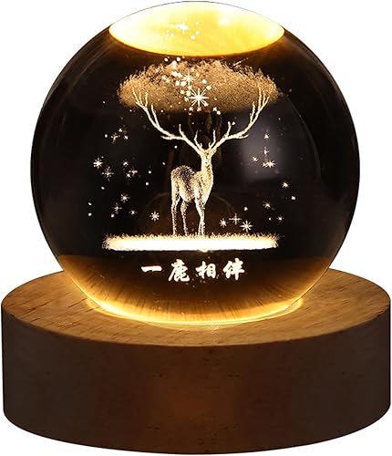 DNIEBW Luz nocturna de bola de cristal de bosque de ciervos 3D para niños, lámpara de noche de bola de vidrio con base de madera, decoración de